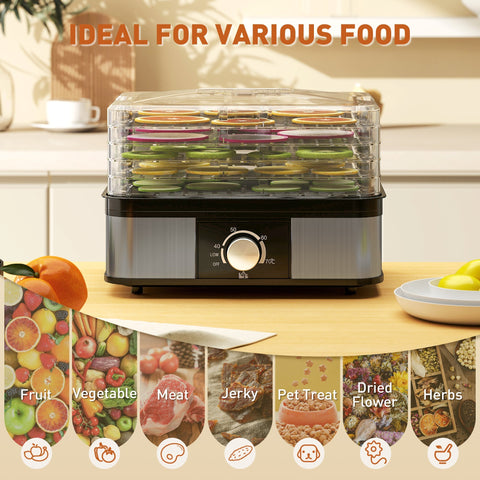 Homcom 5 tier food dehydrator with stainless steel body black base clear top and adjustable temperature settings