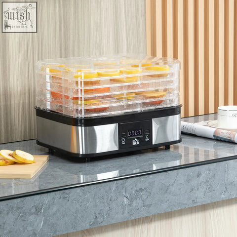 Homcom 5 tier stainless steel food dehydrator with black body lcd display and trays drying sliced citrus fruits