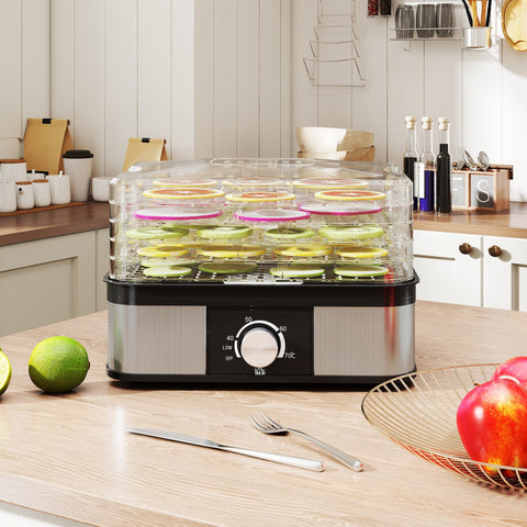 Homcom 5 tier stainless steel food dehydrator with black countertop and glass trays drying sliced citrus fruits