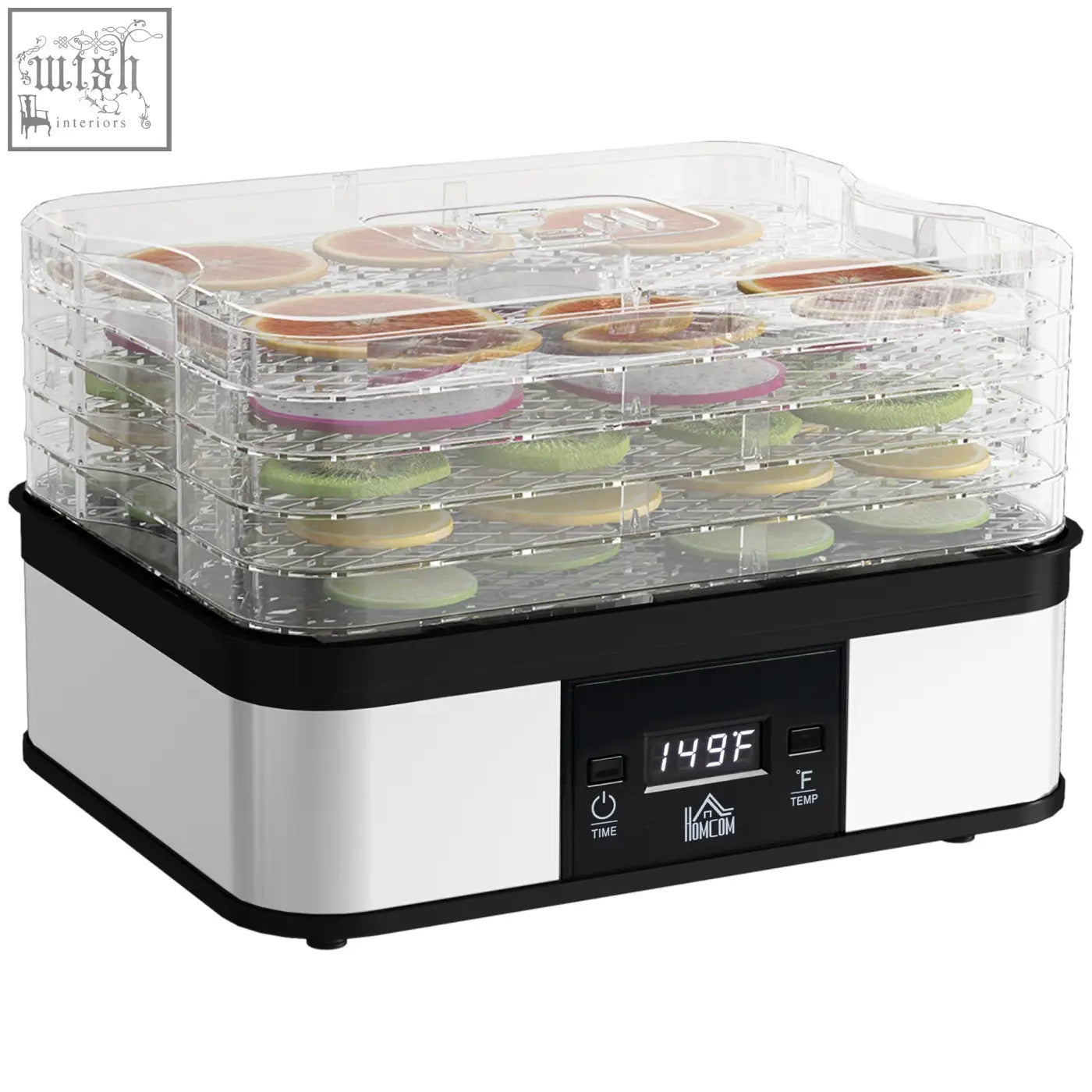 Clear multi-tiered food dehydrator with stainless steel base and lcd display drying sliced kiwi and citrus fruits