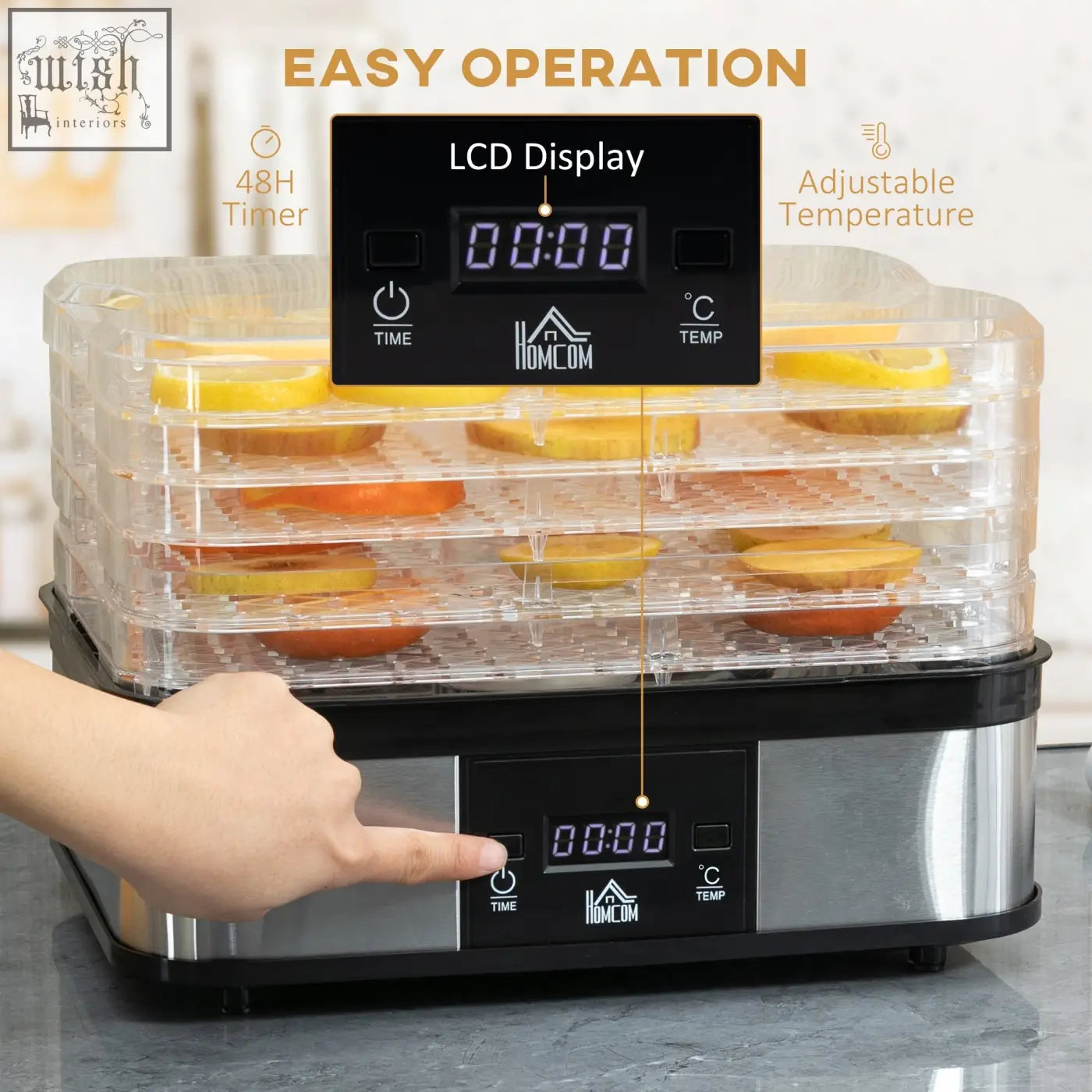 Homcom black 5 tier stainless steel food dehydrator with clear trays and adjustable lcd display for drying fruits and meats