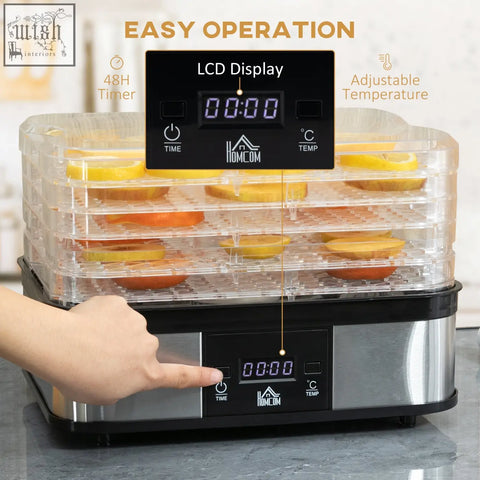 Homcom black 5 tier stainless steel food dehydrator with clear trays and adjustable lcd display for drying fruits and meats