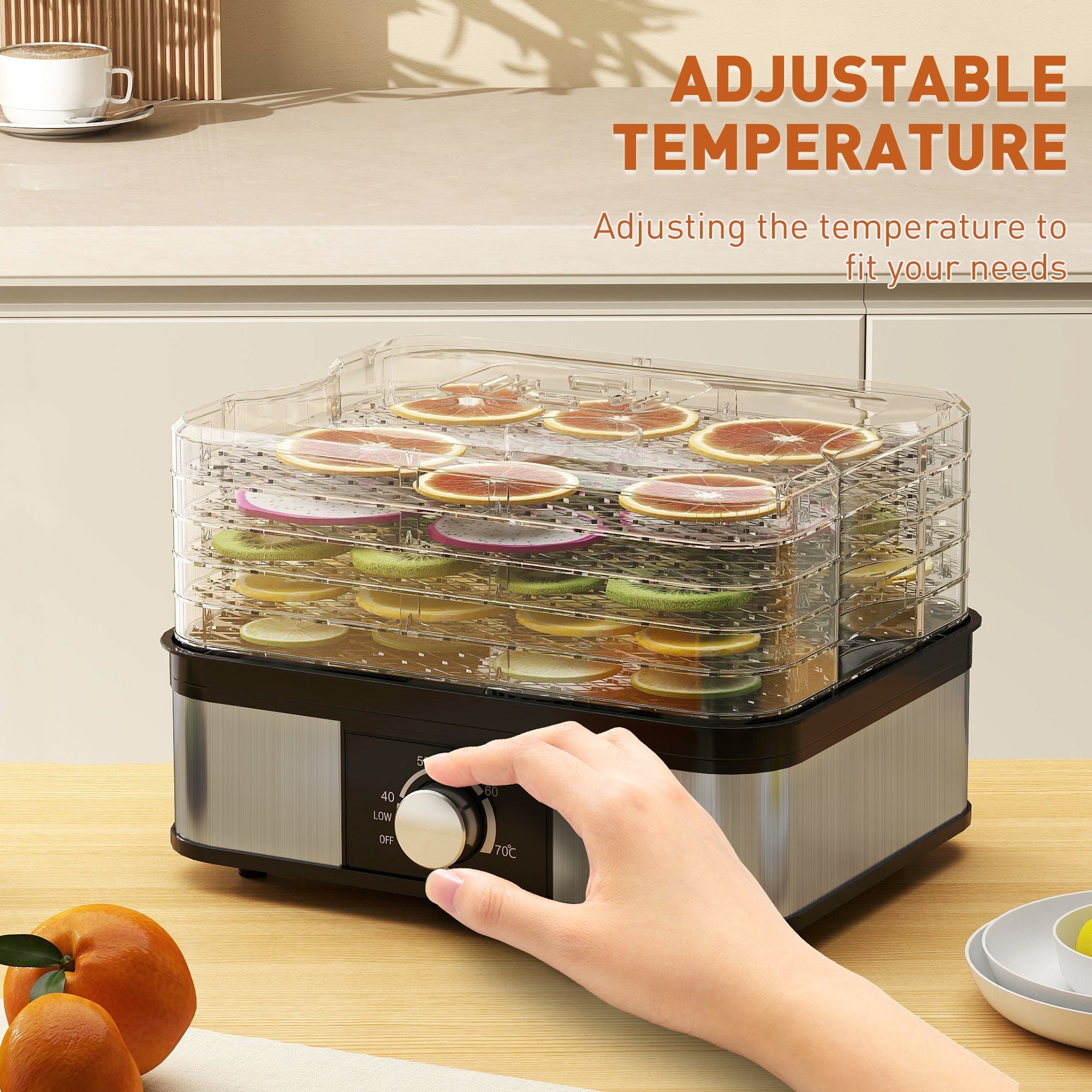 Homcom 5 tier food dehydrator with clear trays and stainless steel black base featuring adjustable temperature settings
