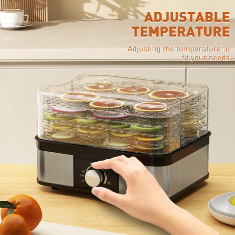 Homcom 5 tier food dehydrator with clear trays and stainless steel black base featuring adjustable temperature settings