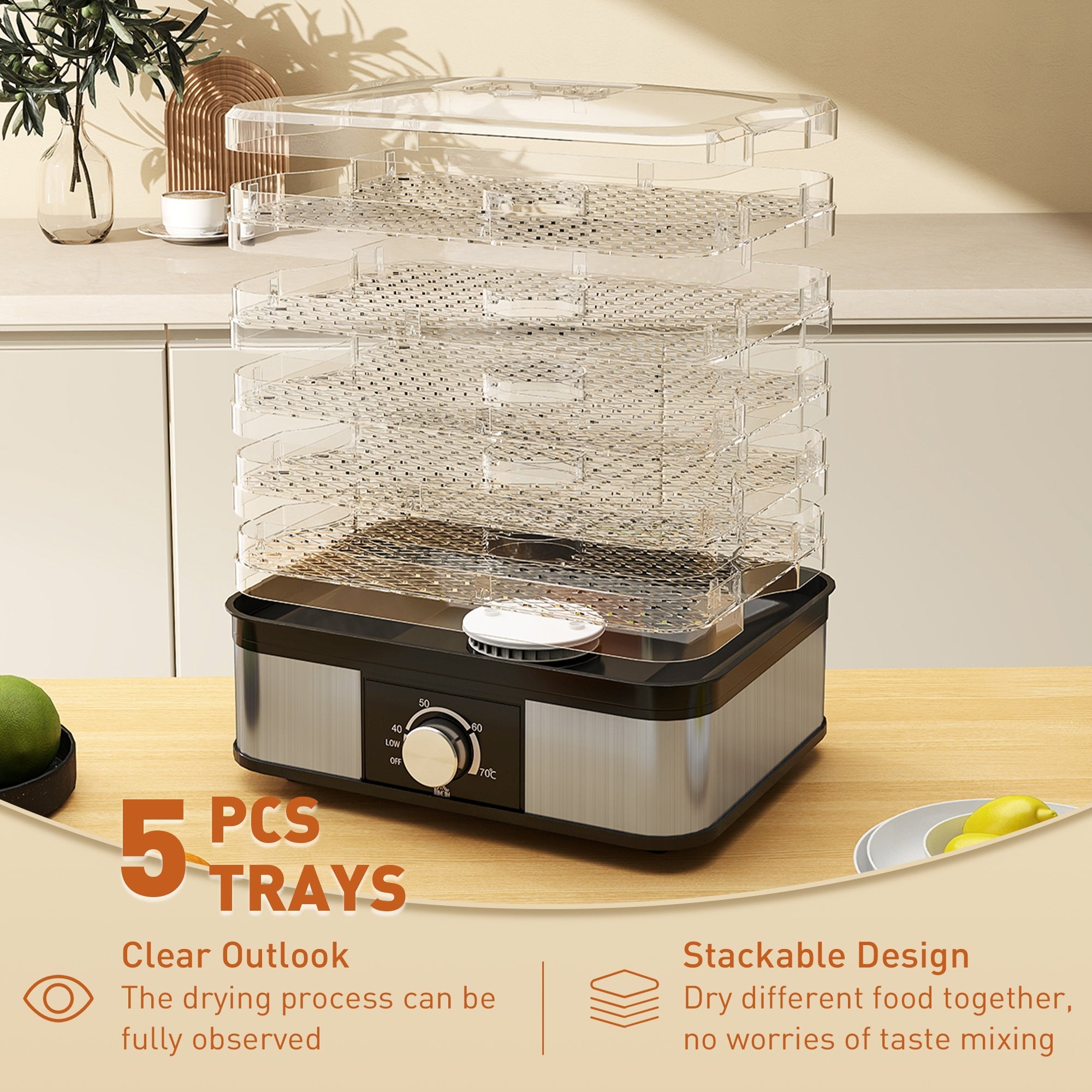 Homcom 5 tier food dehydrator with clear acrylic trays and stainless steel base with adjustable temperature controls