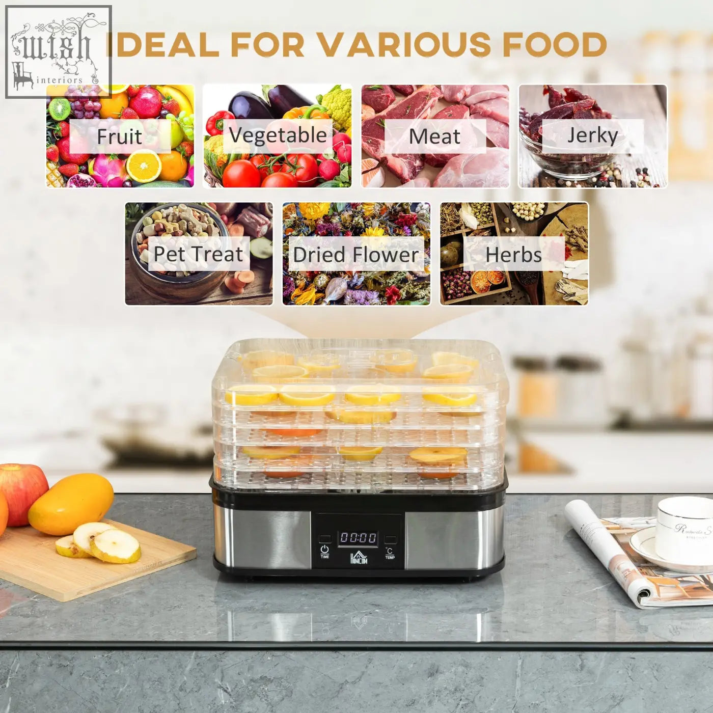 HOMCOM 5 tier black stainless steel food dehydrator with clear trays and lcd display drying sliced yellow fruit