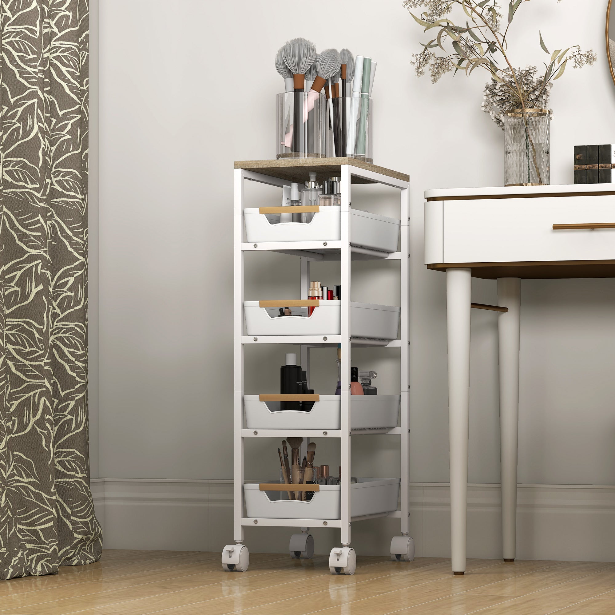 White homcom storage trolley with five pull-out drawers and wooden handles designed for makeup with narrow gaps