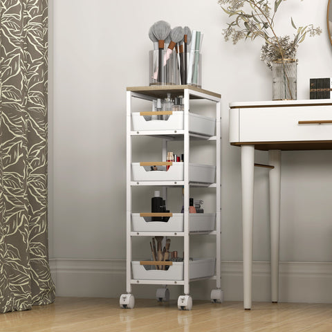 White homcom storage trolley with five pull-out drawers and wooden handles designed for makeup with narrow gaps