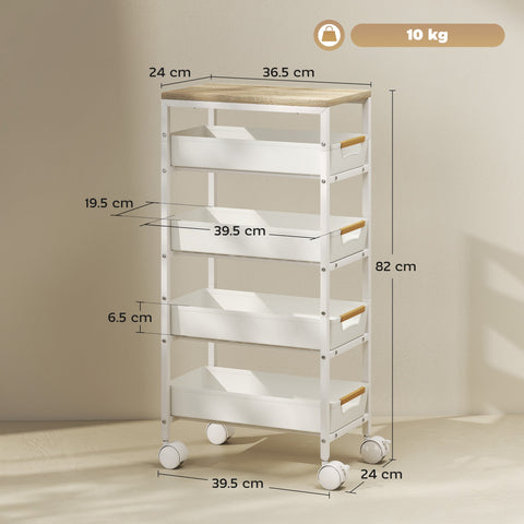 White metal storage trolley with pull-out drawers wooden handles narrow gaps and light wood surface top by homcom