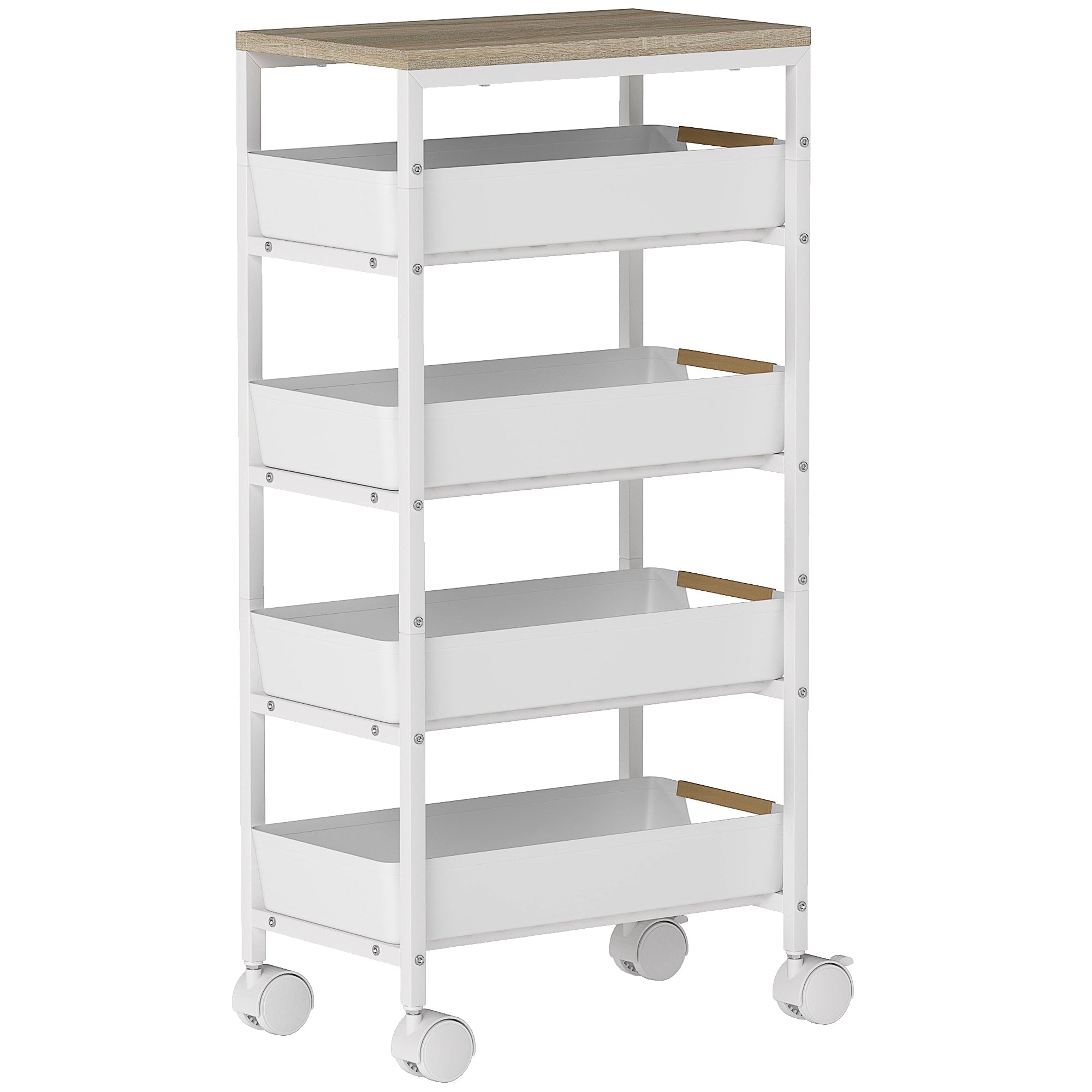 White metal storage trolley with four pull-out drawers and light wood top on white caster wheels for narrow gaps