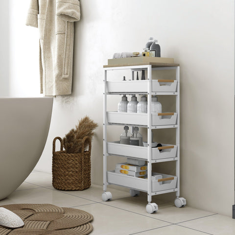 White metal storage trolley with pull-out drawers featuring light wood handles and narrow gaps topped by wooden surface