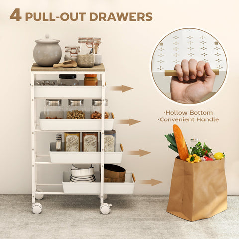 White metal storage trolley with four pull-out drawers and wooden top fits narrow gaps for easy access and organizing
