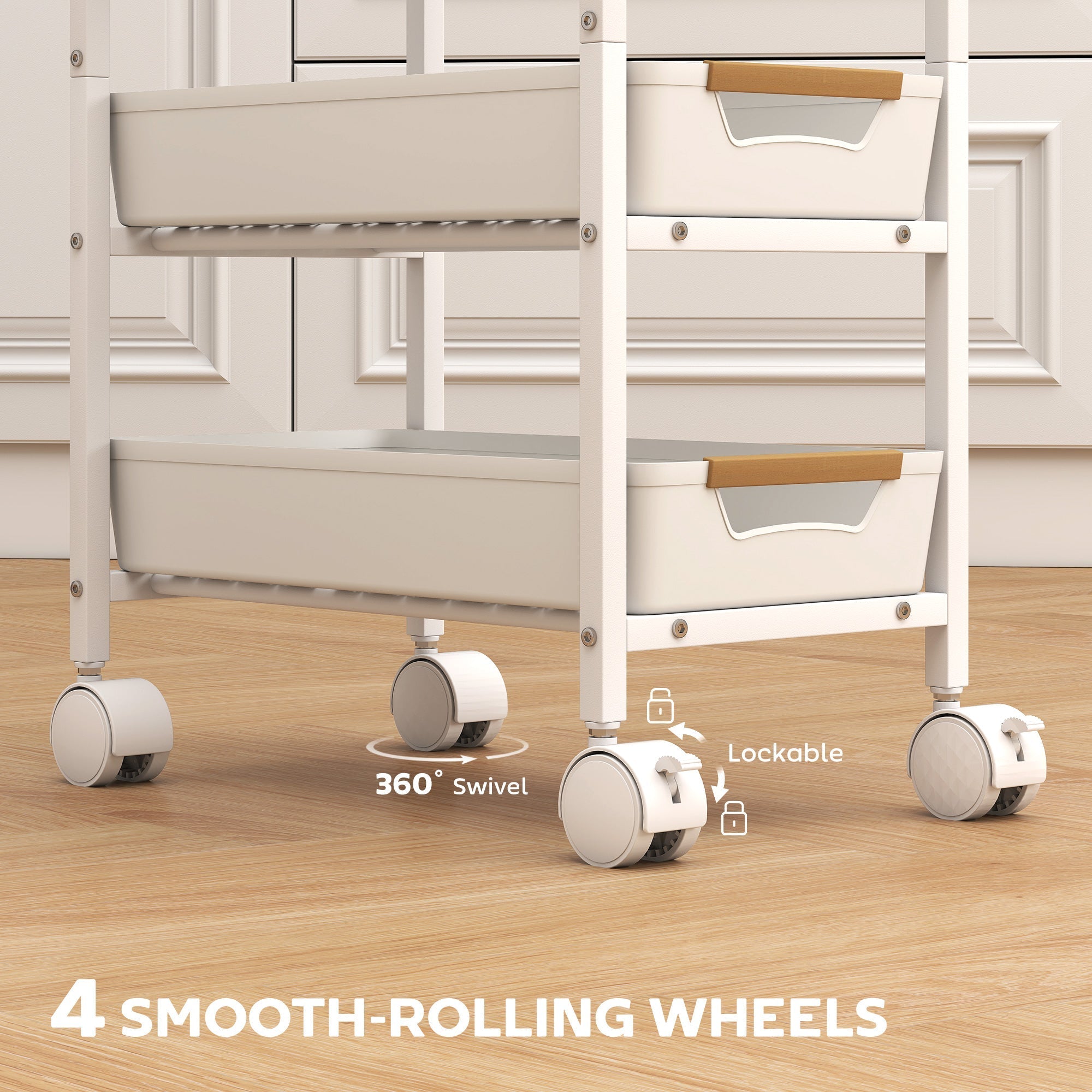 White metal storage trolley with two beige pull-out drawers wooden handles narrow gaps and rolling wheels