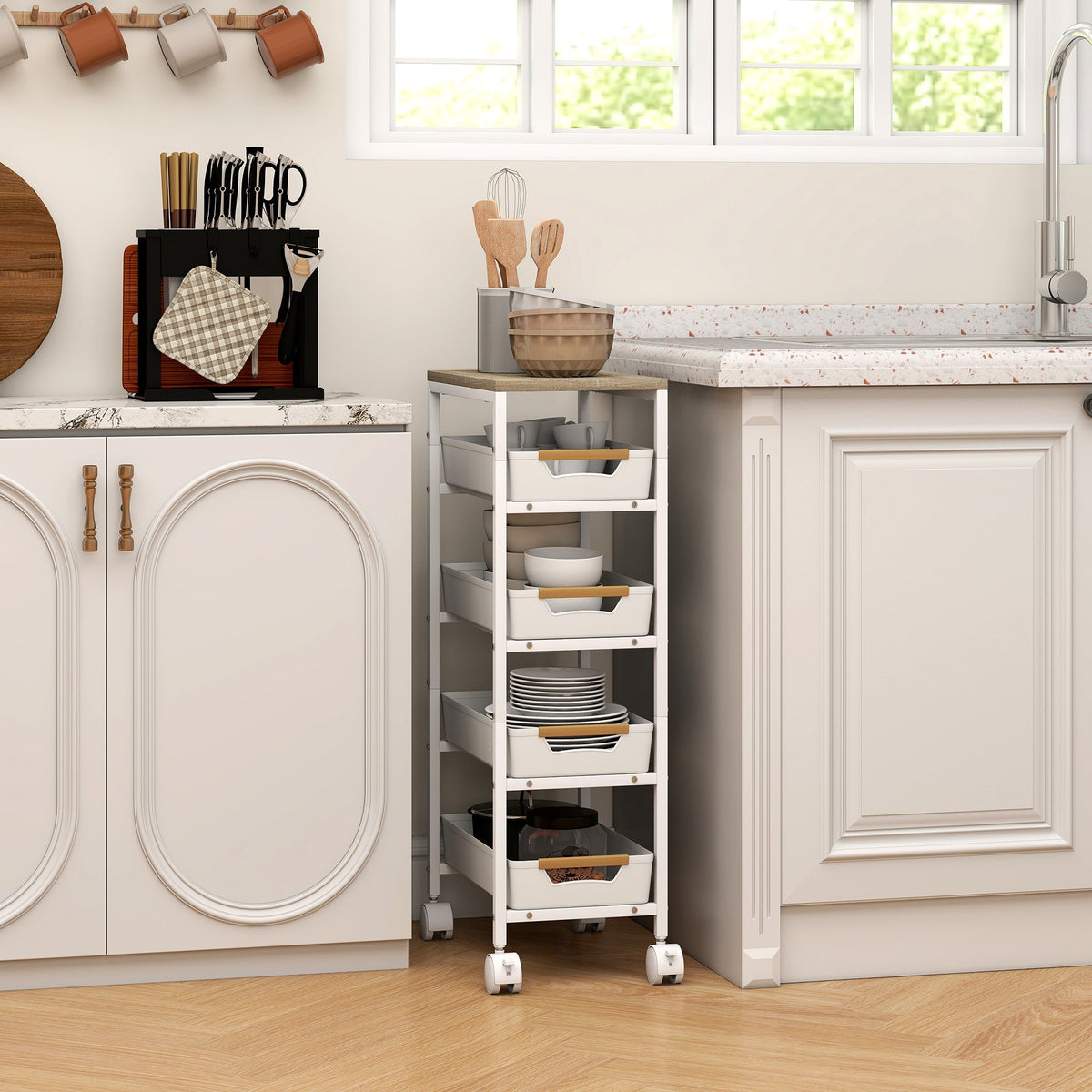 White HOMCOM 5-tier storage trolley with wooden handles, pull-out drawers, narrow gaps, and wheels for kitchen use