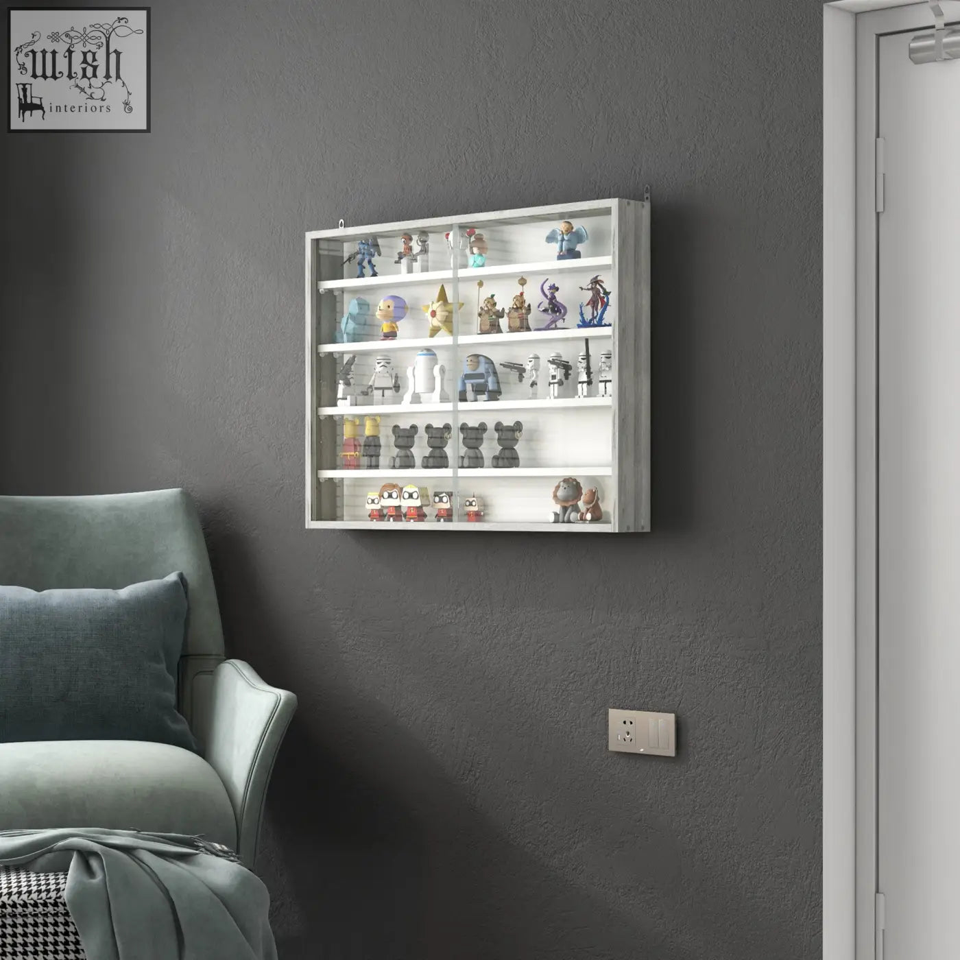 White wall-mounted display cabinet with glass doors and grey wood grain particle board showcasing colorful figurines