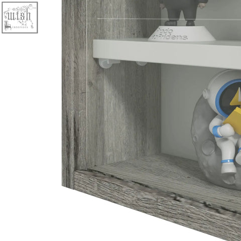 Grey wood grain particle board 5-tier wall display shelf with glass doors and astronaut figurine on lower level