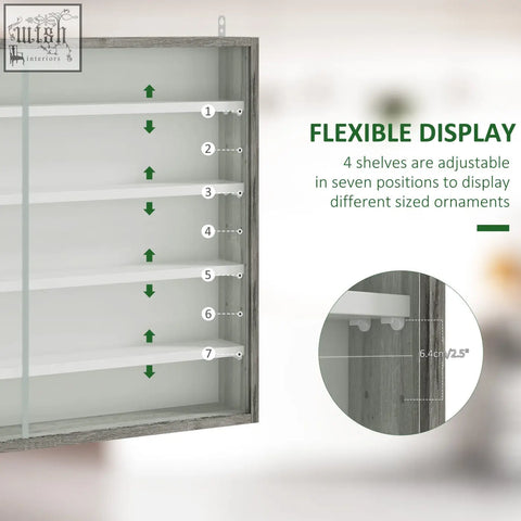 Gray wooden-framed display cabinet with seven adjustable white shelves and glass doors made of particle board in grey wood grain