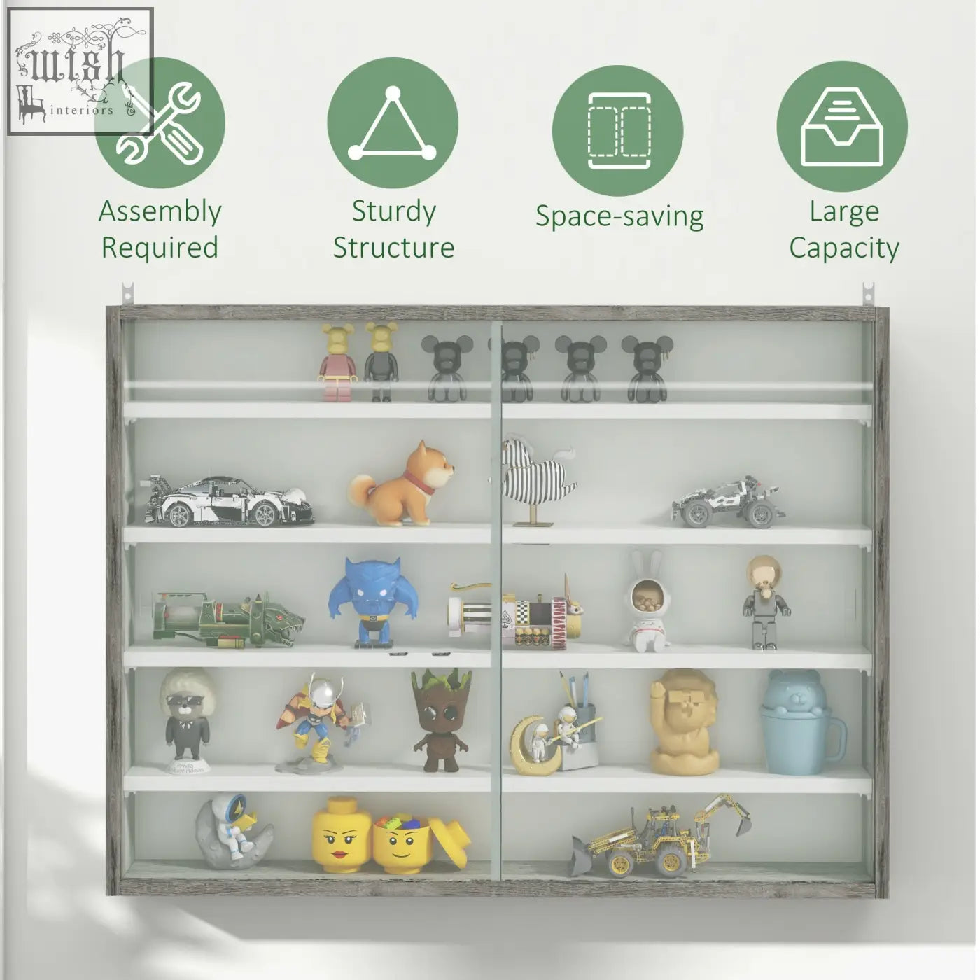 Grey wood grain particle board wall display shelf with glass doors and 5 tiers holding collectibles for home office