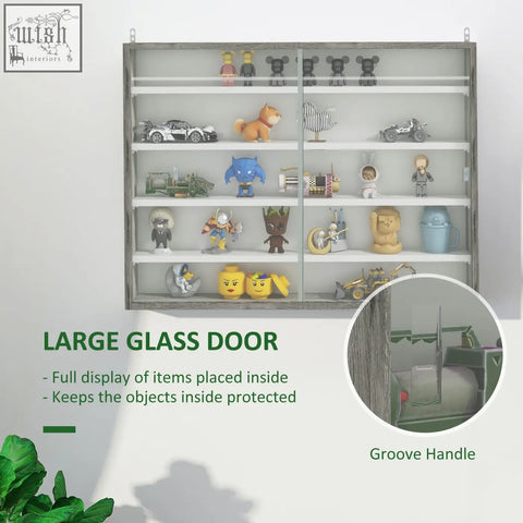 Gray wooden display shelf unit with glass doors and particle board in grey wood grain showing collectible figurines