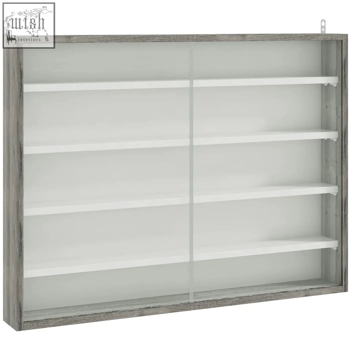 Gray wood grain wall-mounted display cabinet with particle board frame white shelves and sliding glass doors