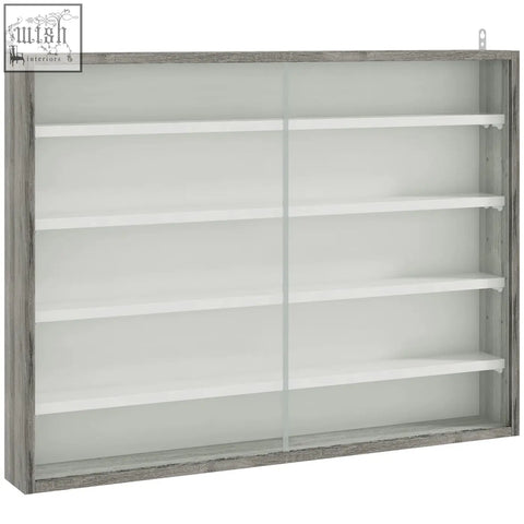 Gray wood grain wall-mounted display cabinet with particle board frame white shelves and sliding glass doors