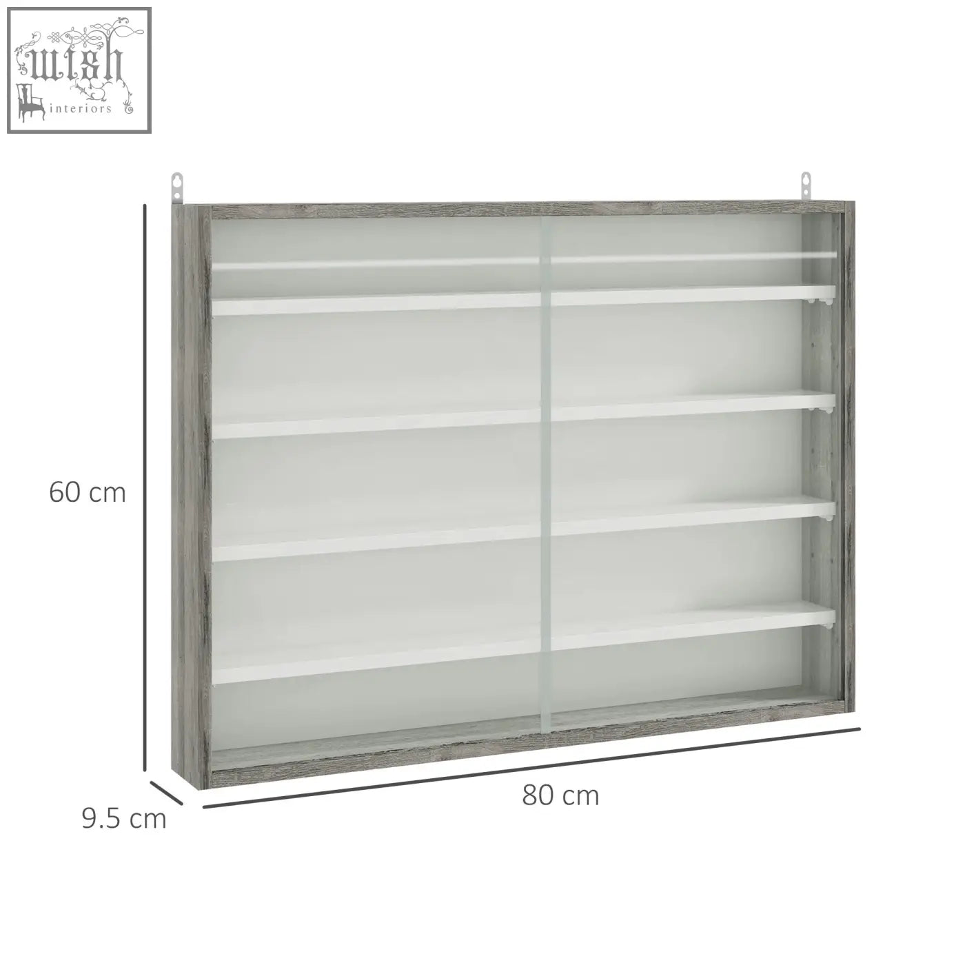 Gray wood grain wall-mounted display cabinet with particle board frame glass doors and adjustable white shelves