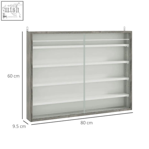 Gray wood grain wall-mounted display cabinet with particle board frame glass doors and adjustable white shelves