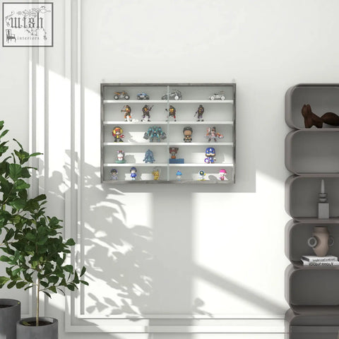 Silver framed wall display case with glass doors grey wood grain particle board shelves showcasing colorful figurines