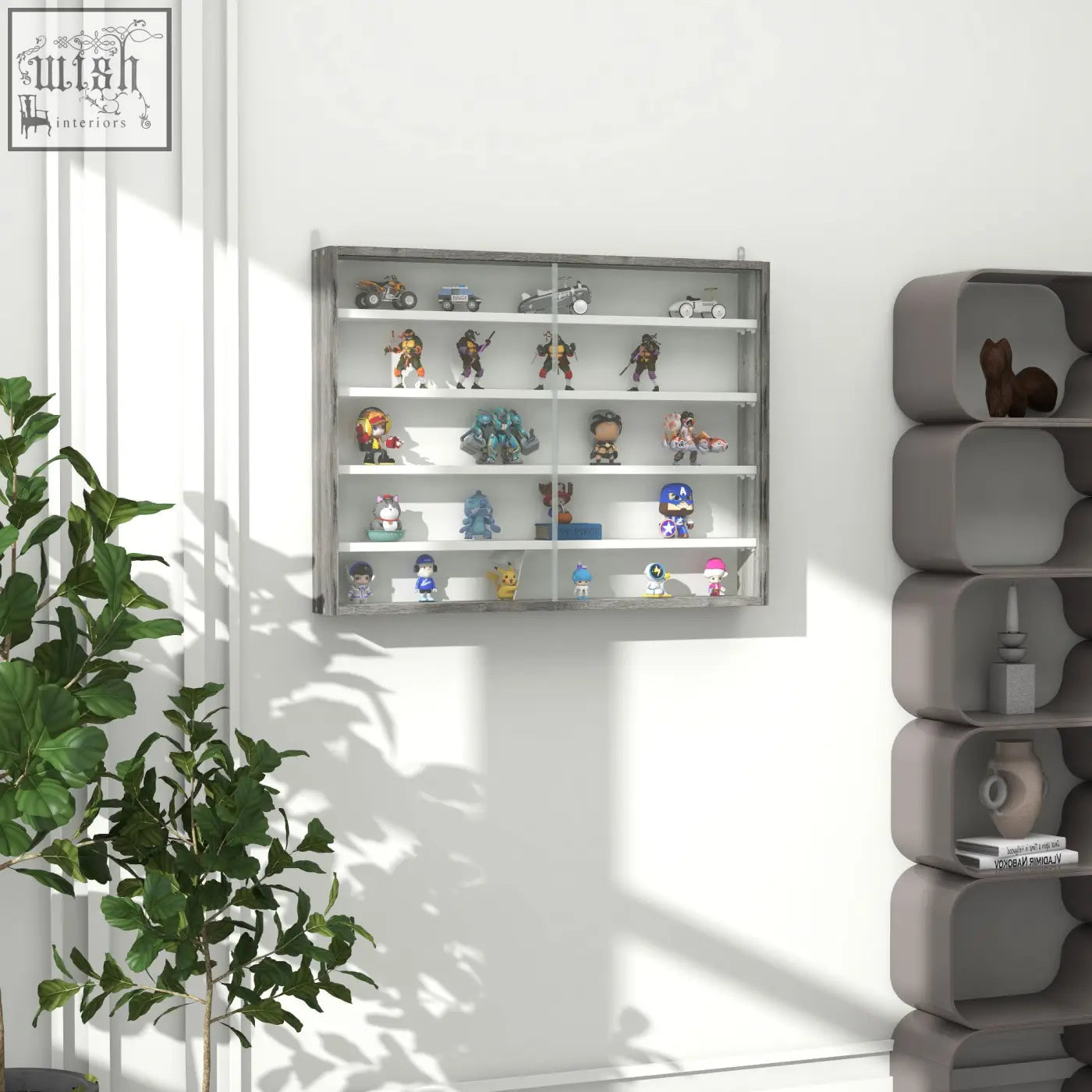 Gray metal-framed wall display cabinet with grey wood grain particle board shelves and clear glass doors holding figurines