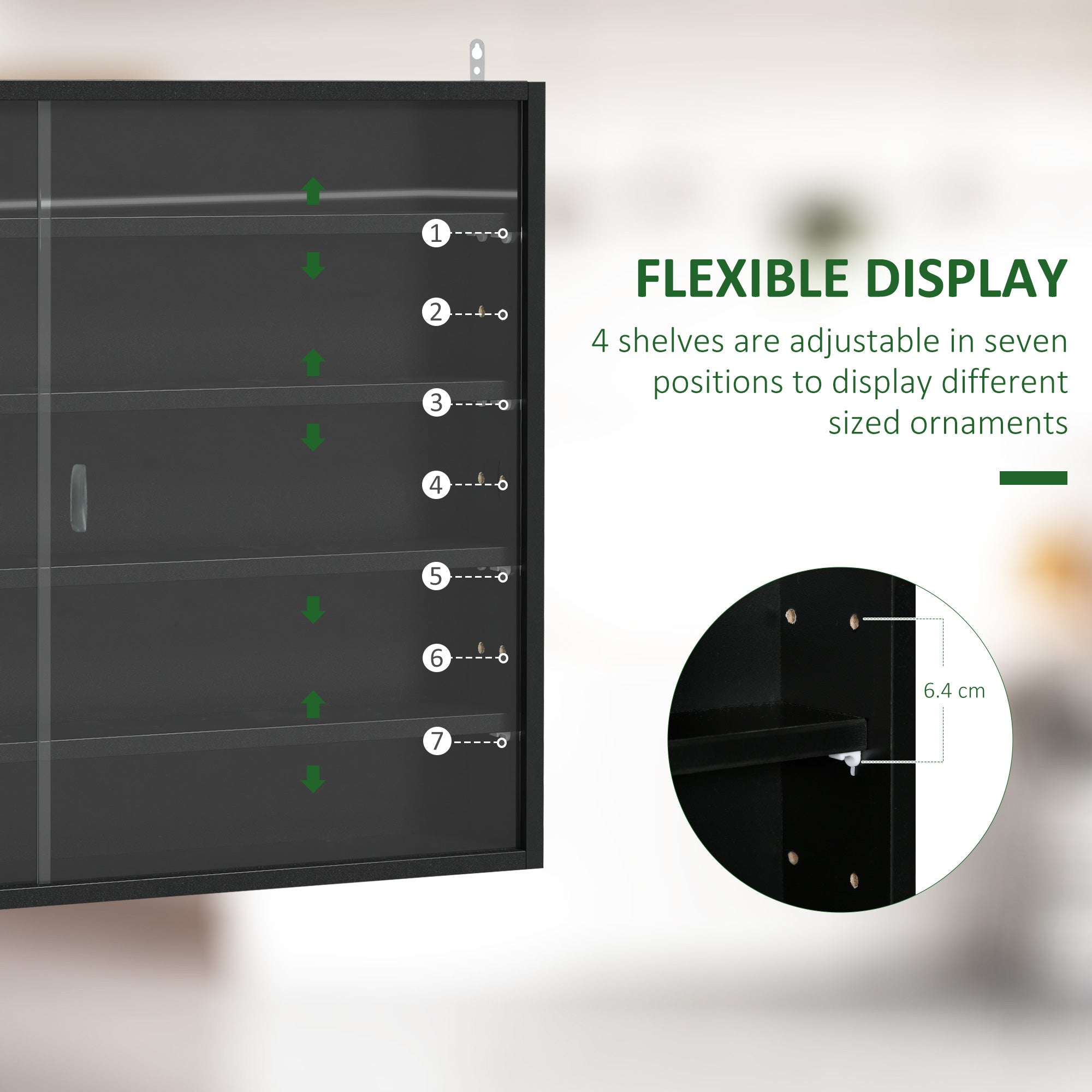 HOMCOM 5-Tier Wall Display Shelf Unit Cabinet w/ 4 Adjustable Shelves Glass Doors Home Office Ornaments 60x80cm Black