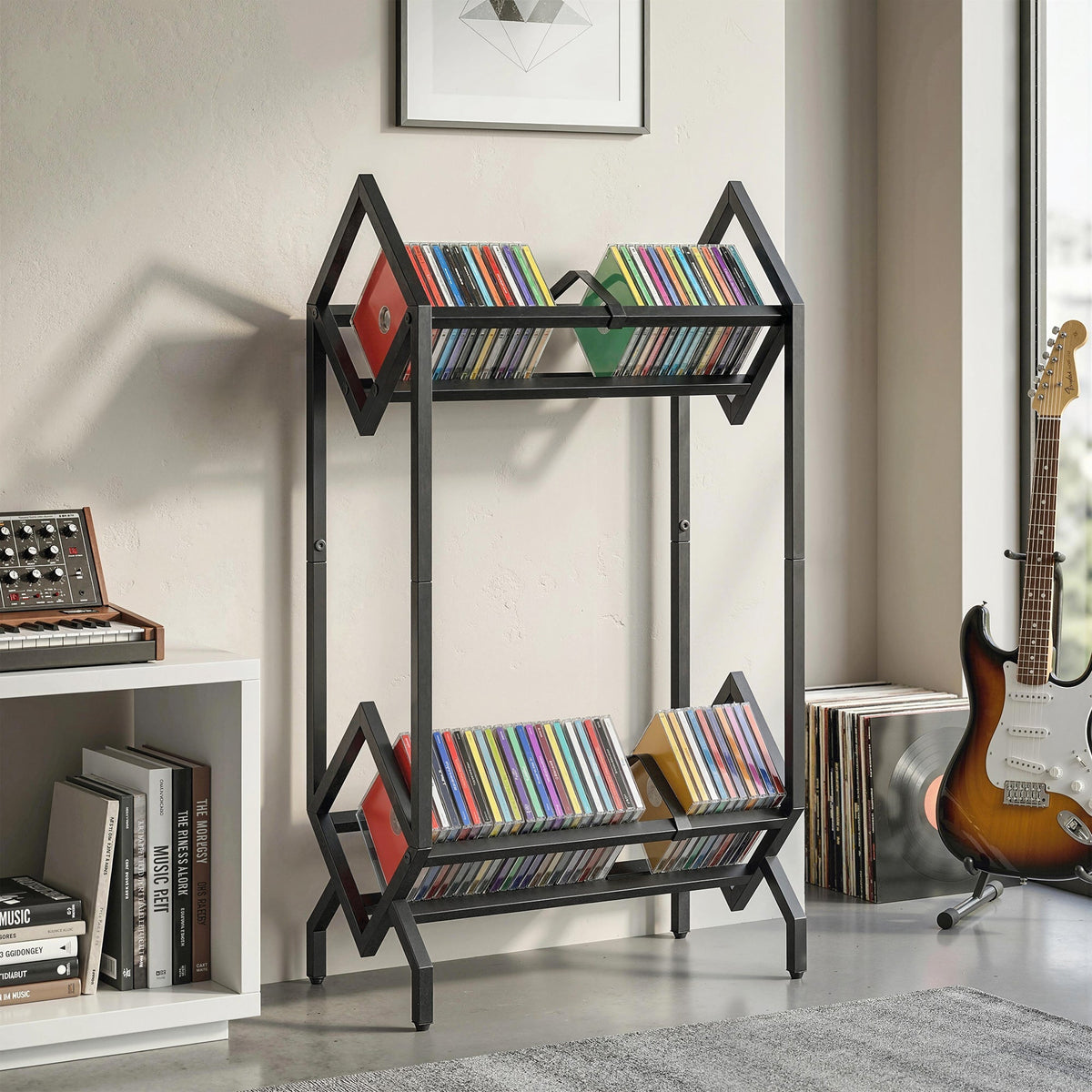 Black metal 2-tier cd storage unit with geometric diamond shelves and spray-coated finish compact design fits 50 cds