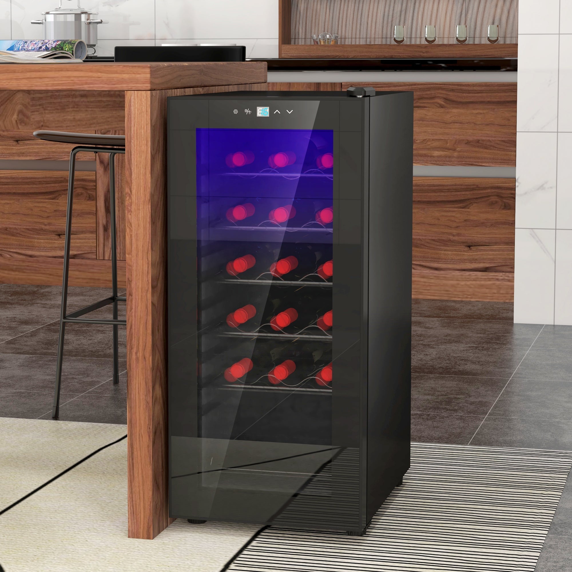Black homcom 50l wine fridge with glass door and led light showing red bottles on wire racks inside cooler