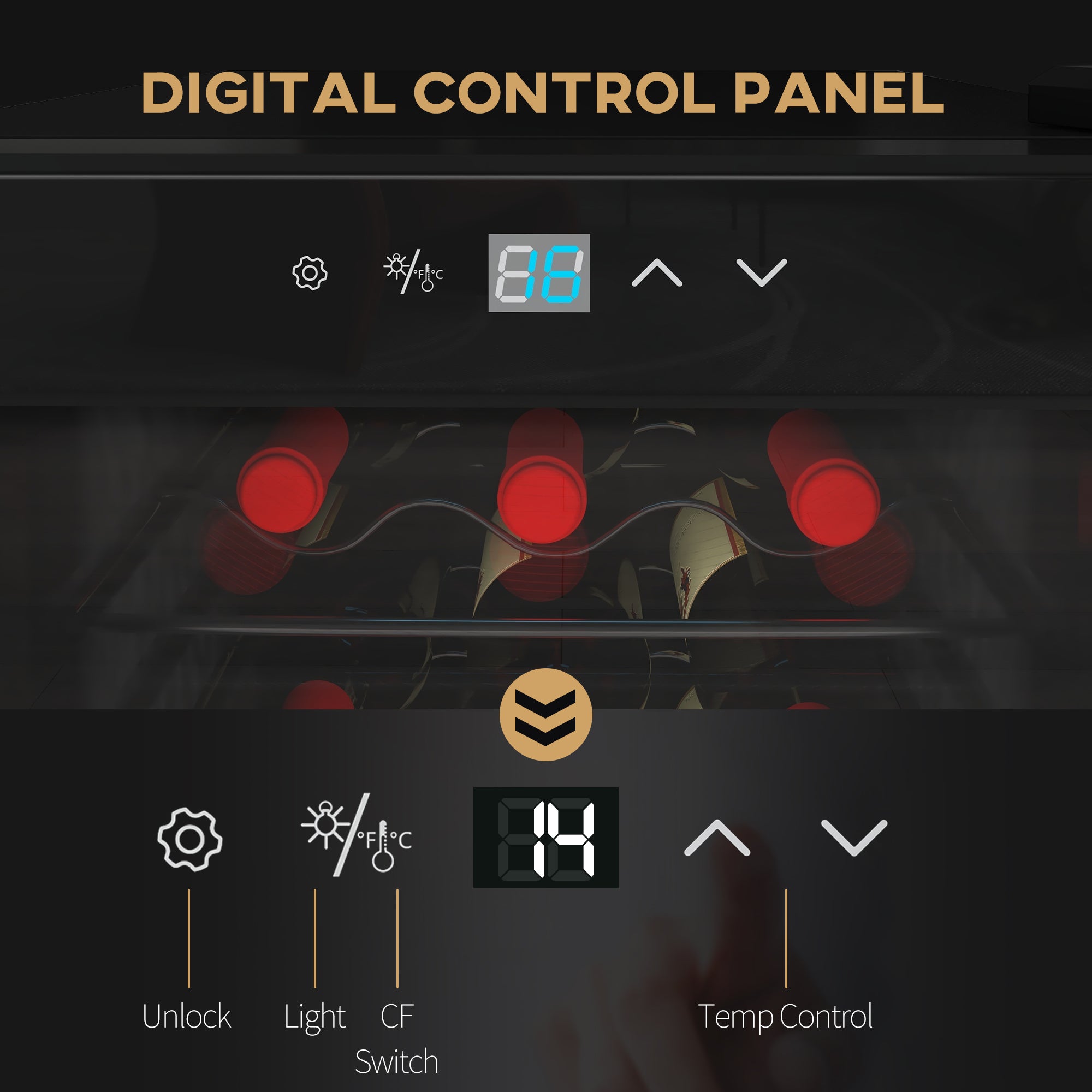 Digital control panel with blue white displays and icons on black homcom 50l wine fridge with glass door and temp control