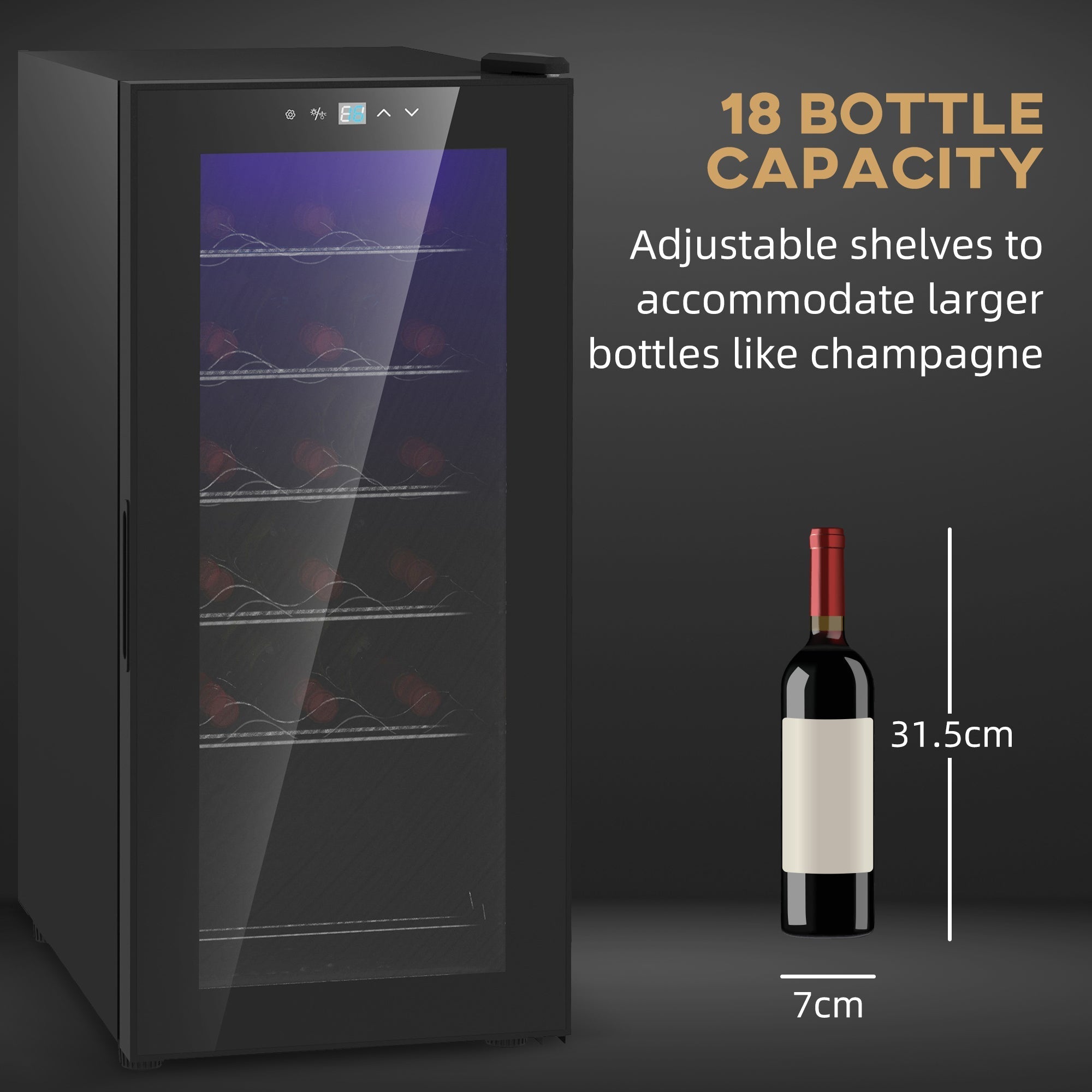 Black glass door homcom wine fridge with adjustable shelves holds 18 bottles and features led light and digital touch controls