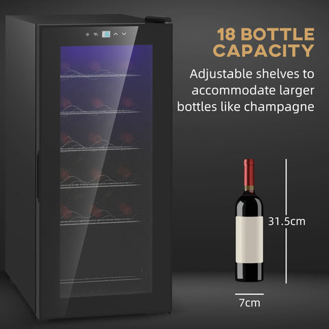 Black glass door homcom wine fridge with adjustable shelves holds 18 bottles and features led light and digital touch controls