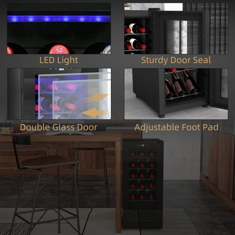 Black homcom 50l wine fridge with glass door, blue led lighting, double glass door, and digital touch screen