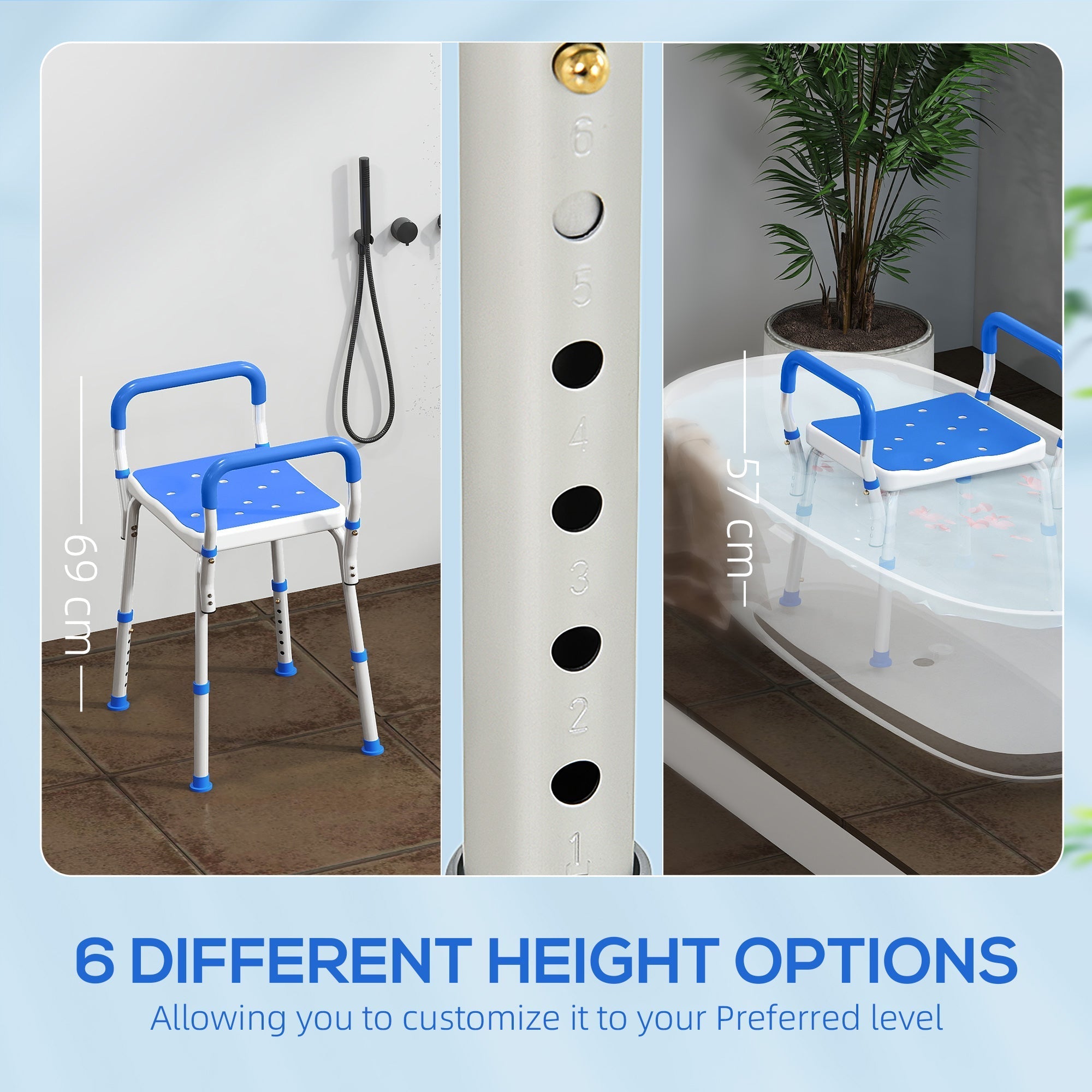 Adjustable height bath chair with blue plastic seat handlebars and white aluminium frame for safe bathing
