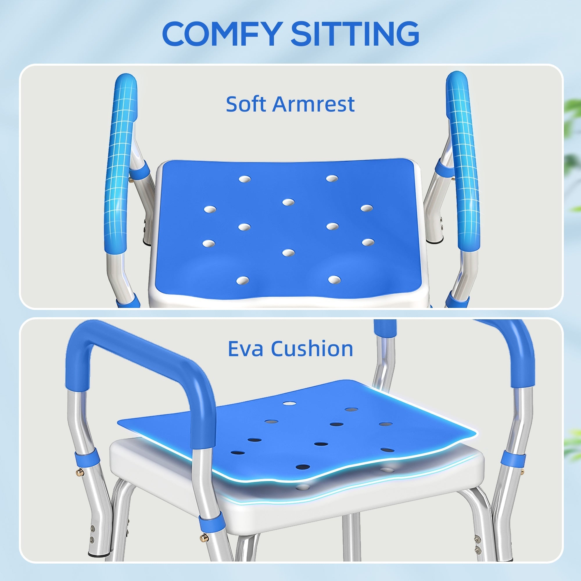 Blue padded eva cushioned bath chair with soft armrests and silver aluminium frame by HOMCOM