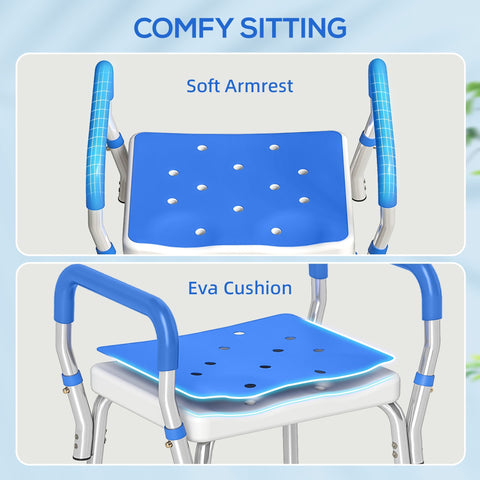 Blue padded eva cushioned bath chair with soft armrests and silver aluminium frame by HOMCOM