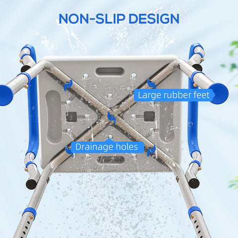 Silver and blue metal shower chair with aluminium frame large rubber feet and drainage holes for bath use