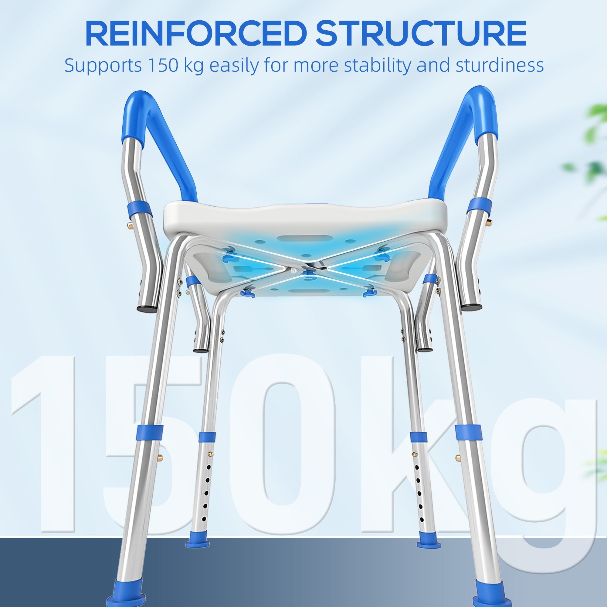 Blue and silver reinforced bath chair with adjustable legs and padded handles featuring aluminium frame
