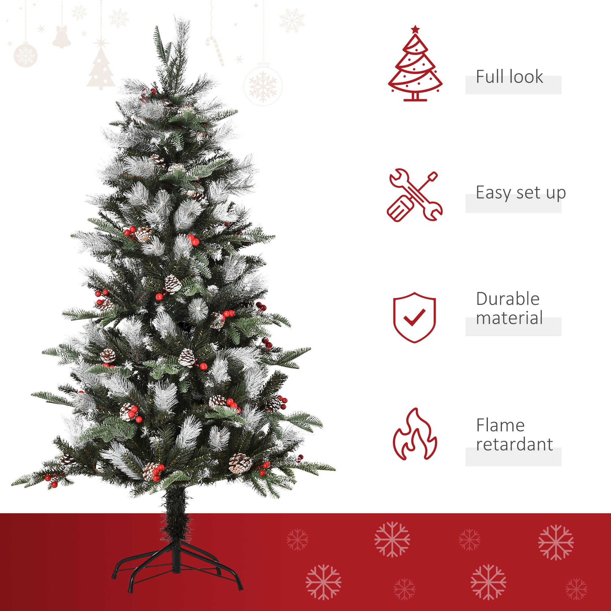 Flocked 5ft homcom artificial christmas tree with green needles white pinecones and red berries for holiday decor