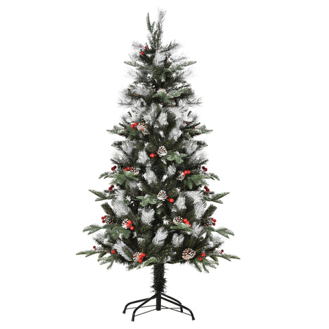 Homcom 5ft flocked artificial christmas tree with green and white branches red berries and white pinecones for holiday decor