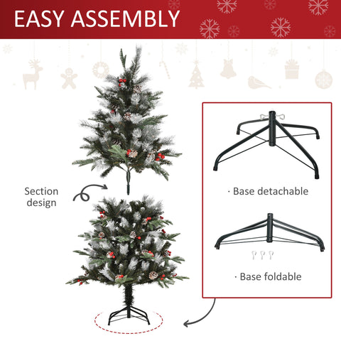 Homcom 5ft artificial christmas tree with green frosted branches, red berries, white pinecones, and foldable feet