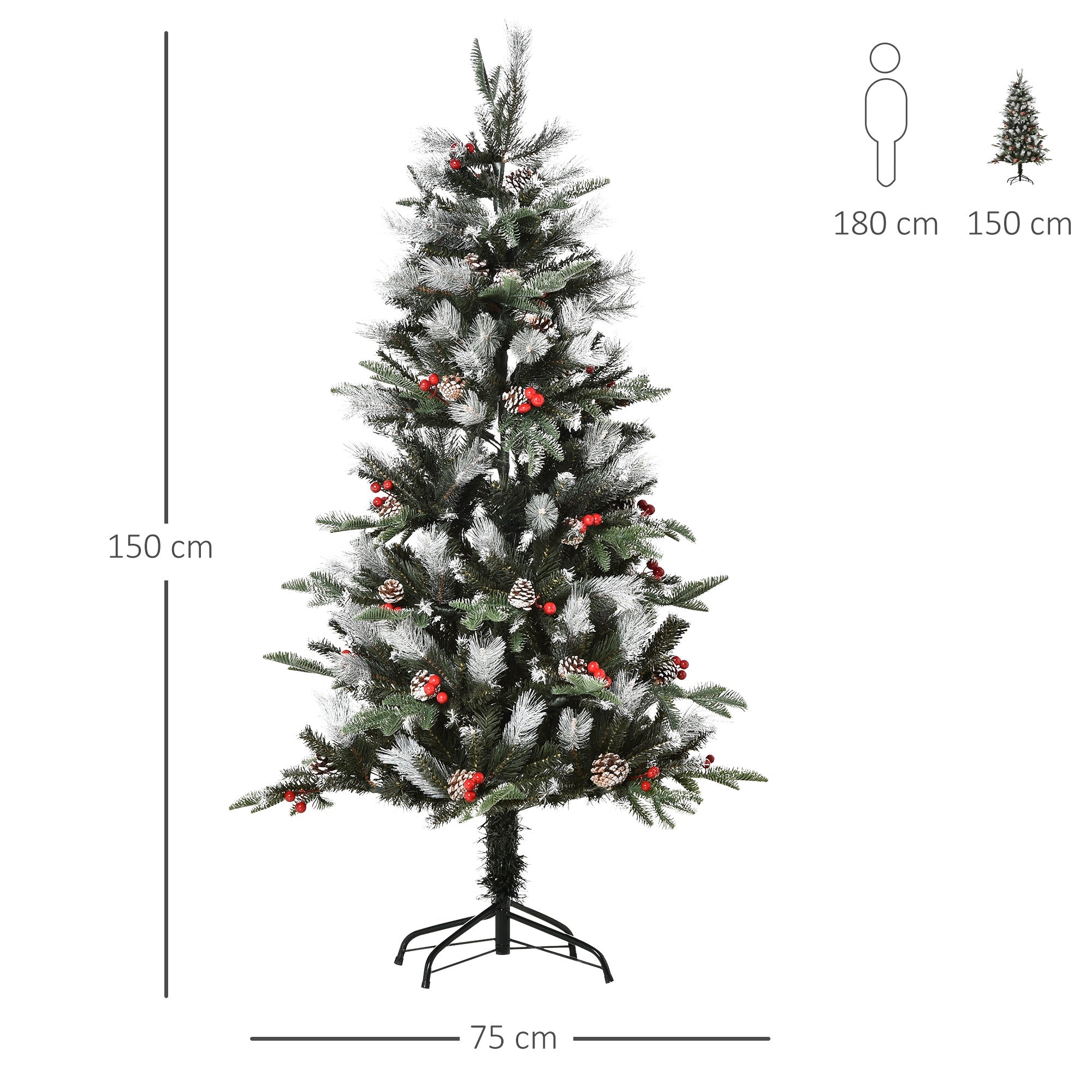 Homcom 5ft artificial christmas tree with frost-dusted green and white pine needles red berries and white pinecones