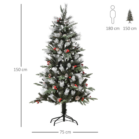 Homcom 5ft artificial christmas tree with frost-dusted green and white pine needles red berries and white pinecones