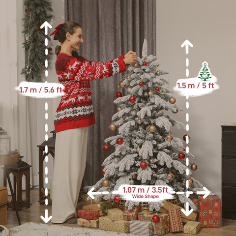 Hocom 5ft super flocked christmas tree with faux snow flocking green white decorated with red and gold ornaments