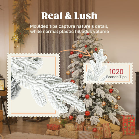 Frosted white homcom 5ft christmas tree with detailed molded branches, red and gold ornaments, and faux snow flocking