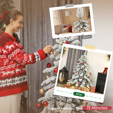 Homcom 5ft super flocked christmas tree with green and white branches decorated with red gold and silver ornaments and faux snow flocking