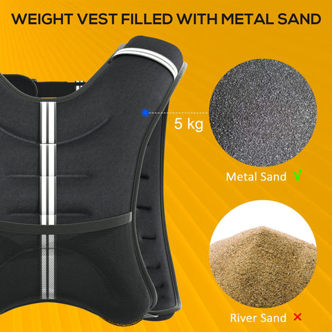 Black homcom 5kg weight vest with oxford fabric metal sand fill reflective stripes and adjustable straps for running workouts